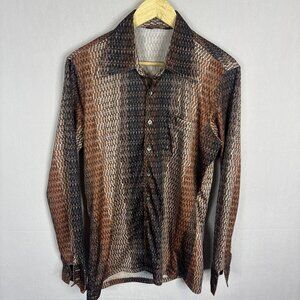 Vintage 70s Brown Geometric Disco Shirt Men’s L (Fits M-L) Sheen Polyester